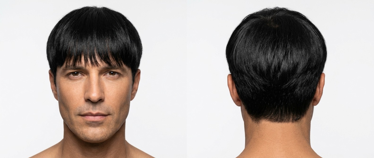 Front and back view of a 45+ man with thick straight black hair styled in a heavy blunt fringe with scissor-tapered sides and a natural rounded nape.