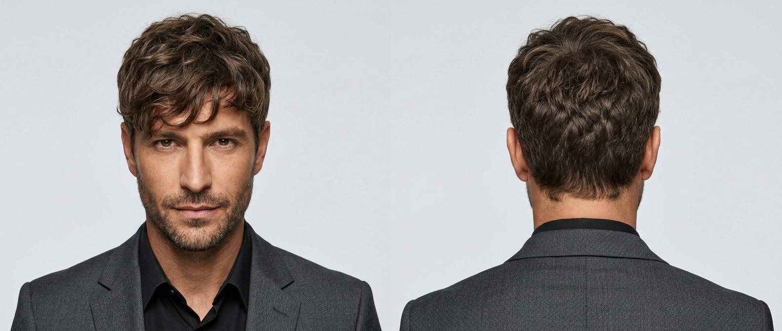 Medium-length textured wavy fringe hairstyle for men, featuring scissor-cut sides, thick brown hair, and a natural matte finish on an oval face.