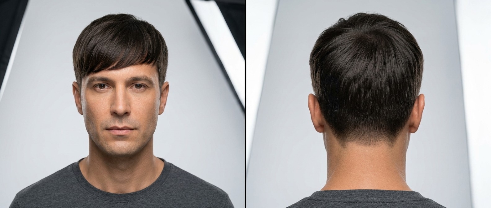 Front and back view of a 40-year-old man with a smooth, straight dark brown fringe haircut, featuring tapered short sides and a natural neckline.