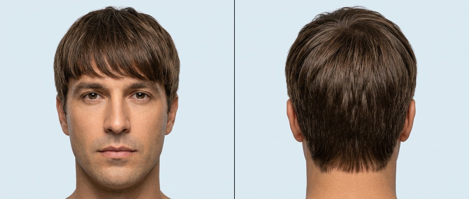 Front and back view of a 40-year-old man with thick, straight brown hair styled in a modern, textured forward fringe with natural scissor-cut sides.