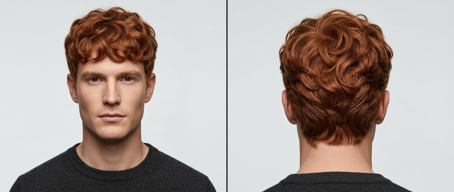 Front and back view of a Caucasian male with thick red wavy hair styled in a textured forward fringe with soft scissor-cut short sides and layered back.