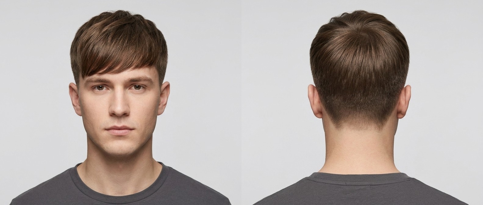 Front and back view of a young man with a casual textured forward fringe haircut, featuring short tapered sides and medium brown straight hair.