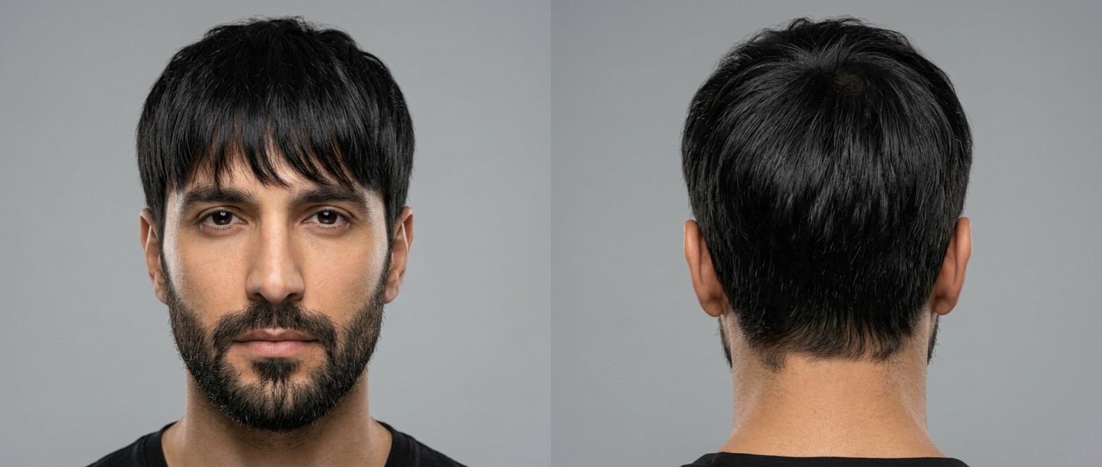 Front and back view of a man with straight black hair wearing a modern textured fringe with medium scissor-cut sides and a neat beard.