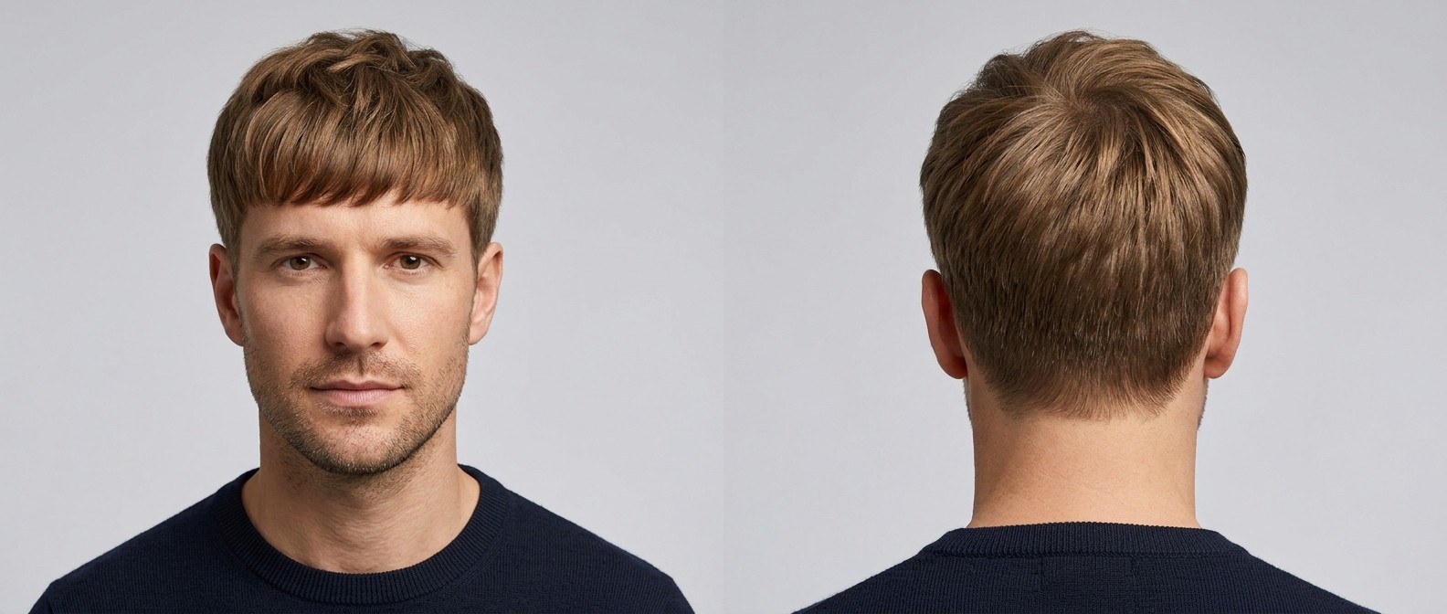 Man with light brown hair modeling a textured forward-swept fringe haircut, featuring medium scissor-cut sides and a natural tapered neckline.