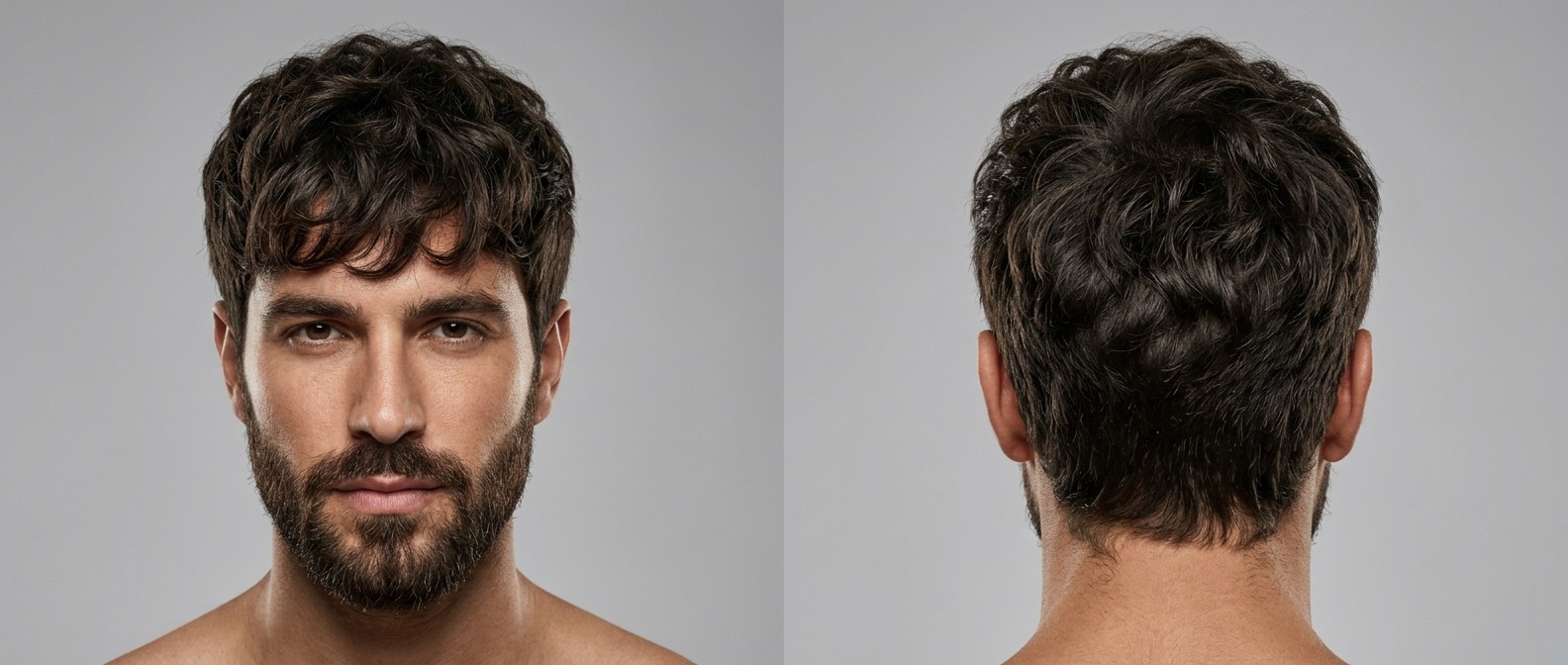 Front and back view of a man with thick dark brown wavy hair styled into a textured fringe, featuring short tapered sides and a full beard.