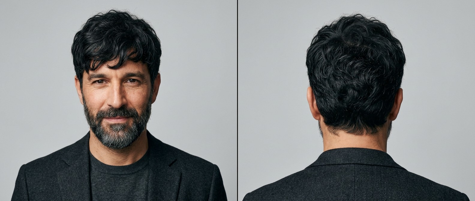 Front and back view of a mature man with a beard wearing a textured wavy fringe hairstyle, featuring short scissor-cut sides and thick black hair.