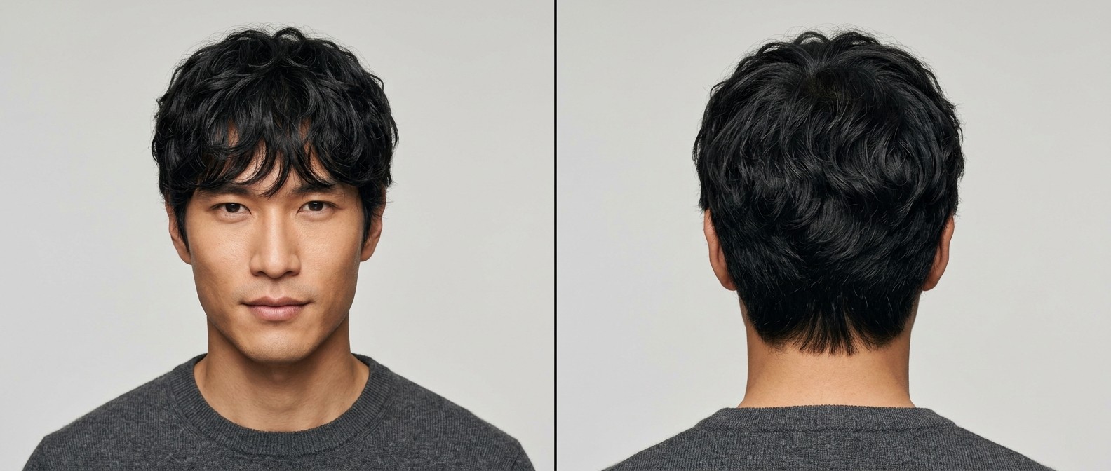 Asian male model with a textured, medium-length wavy fringe haircut, showcasing thick black hair and layered sides suitable for rectangular faces.