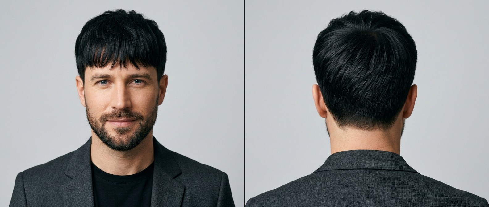 Front and back view of a 40-year-old Caucasian man with thick black straight hair styled in a heavy forward-swept fringe with short tapered sides.