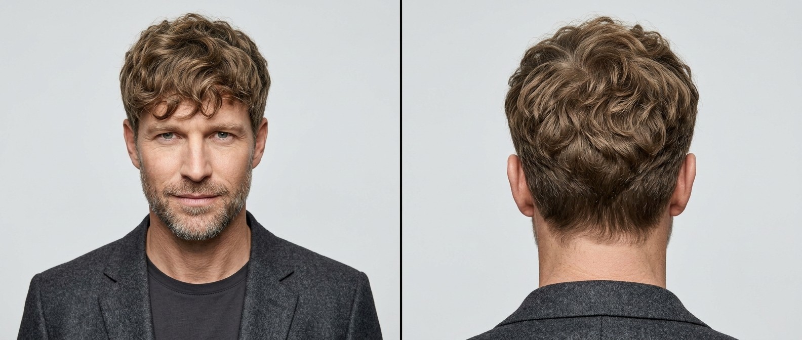 Mature man with a casual, wavy textured fringe haircut, featuring short tapered sides and a medium layered top, paired with a short stubble beard.