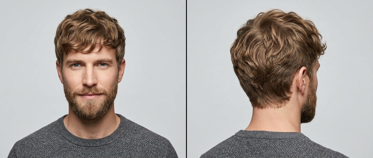Front and back view of a man with light brown, naturally wavy hair styled in a textured fringe with softly tapered sides and a blended beard.