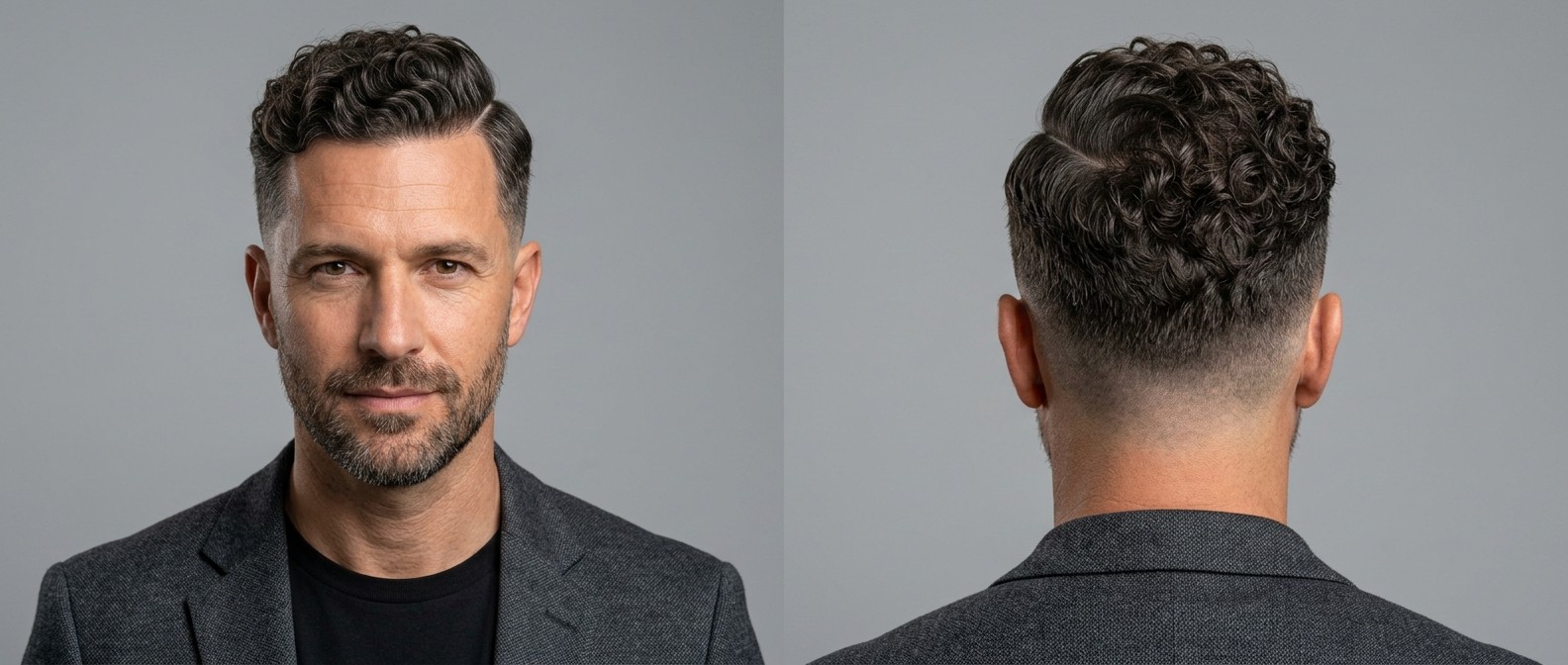 Mature man with a short beard showcasing a professional curly hard part hairstyle with a low taper fade and textured medium-length top.