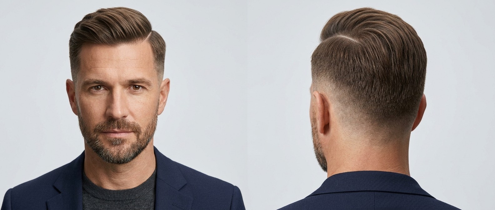 Mature man with a classic hard part combover and mid fade, featuring swept-back volume on top and a well-groomed short beard.