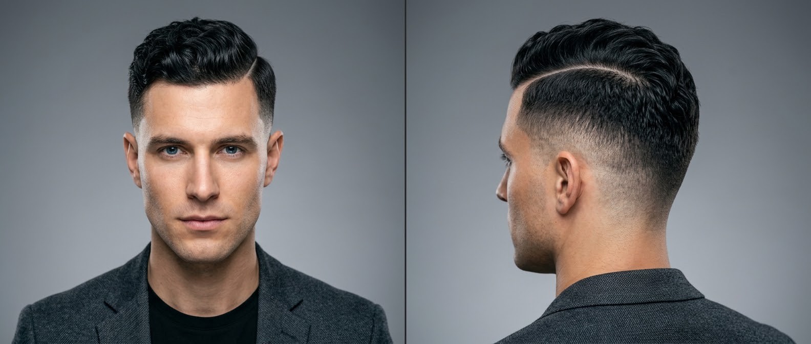 Front and side profile of a Caucasian man with black wavy hair styled in a sharp hard part with a mid skin fade, swept-back top, and a crisp line-up.