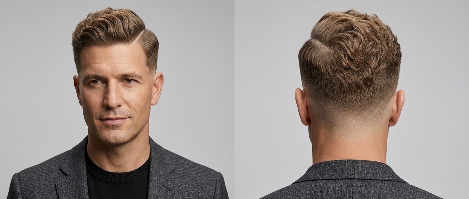 Middle-aged man with a wavy hard part hairstyle, featuring a high skin fade, light brown textured top, and a swept-back fringe.