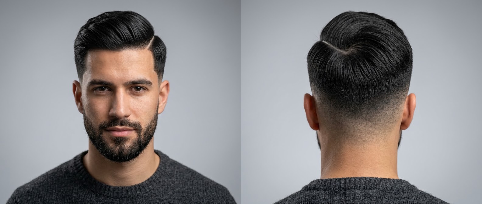 Front and back view of a young man with a sharp hard part comb-over, mid skin fade, and a neatly groomed beard on medium skin.
