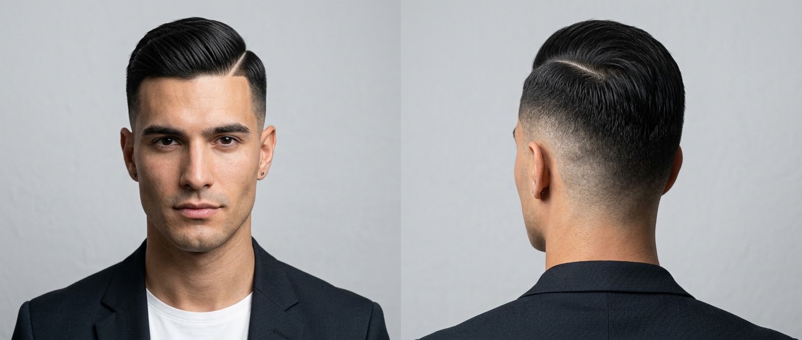 Professional man with olive skin modeling a sleek hard part comb-over hairstyle with a mid skin fade and a sharp, clean front edge-up.