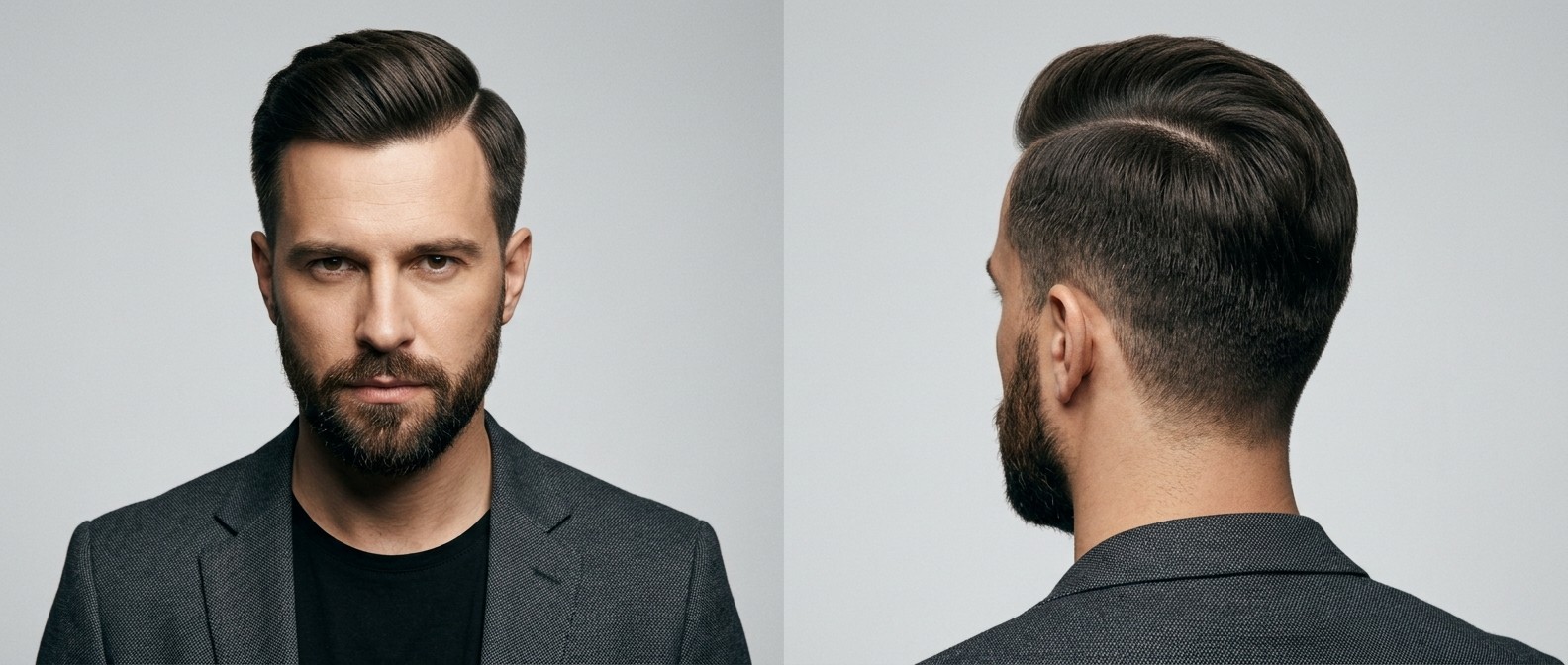 Professional man with a thick, straight hard part hairstyle, low taper fade, side-swept volume, and a neatly groomed beard on a solid light gray background.