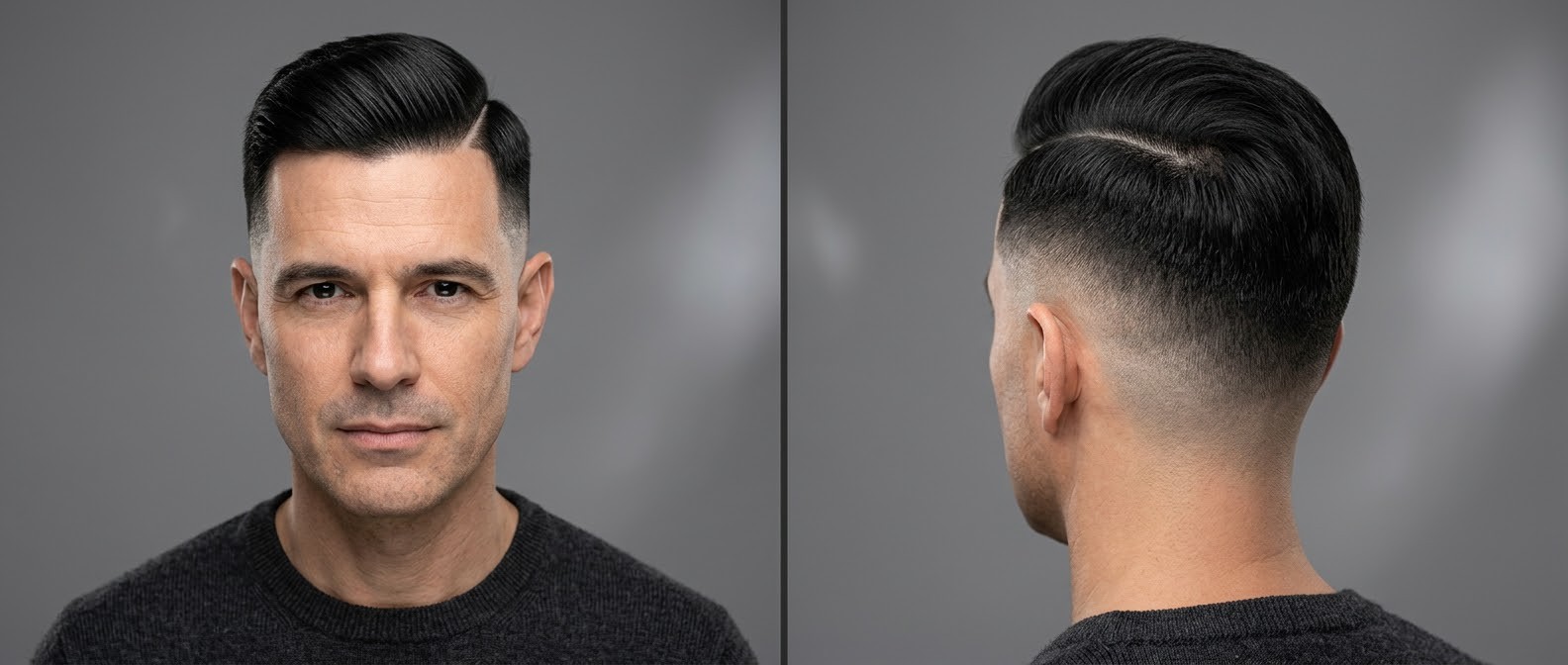 Front and side view of a mature man with black hair wearing a classic hard part haircut with a high skin fade and combed-over top.