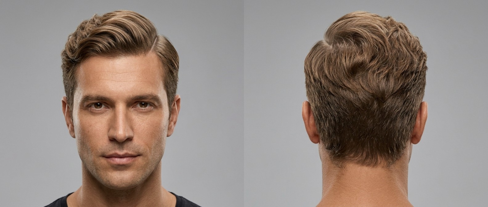 Front and back view of a man with olive skin and light brown hair modeling a classic hard part hairstyle with a wavy top and short tapered sides.