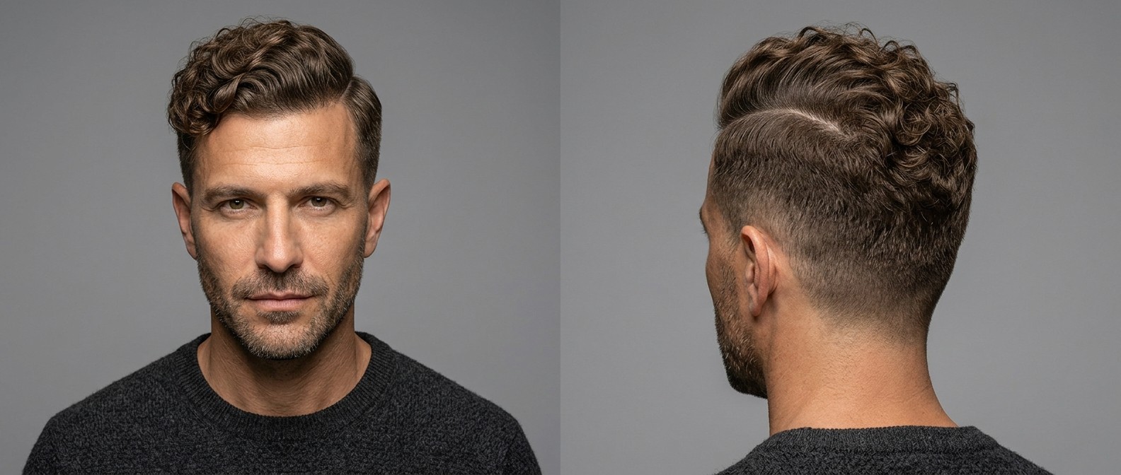 Mature man with a curly hard part fade, featuring tight sides, a shaved parting line, and voluminous Type 3 brown curls on top.