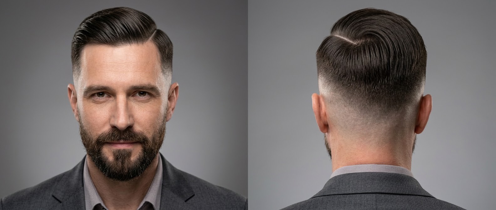 Reifer Mann mit Bart präsentiert einen markanten Hard Part Comb-Over mit High Skin Fade, Vorder- und Rückansicht vor grauem Hintergrund.