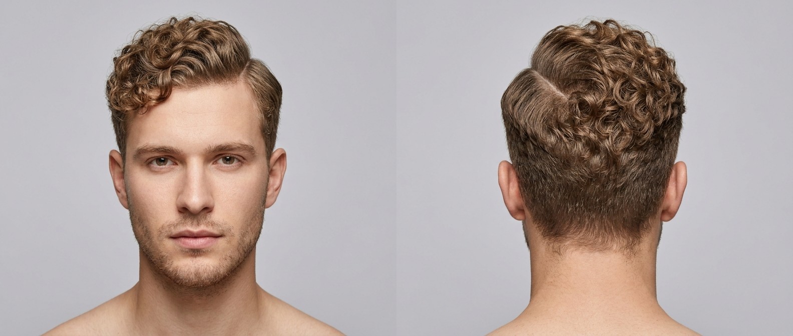Young man with light brown curly hair featuring a shaved hard part, short tapered sides, and a textured, forward-swept curly fringe.