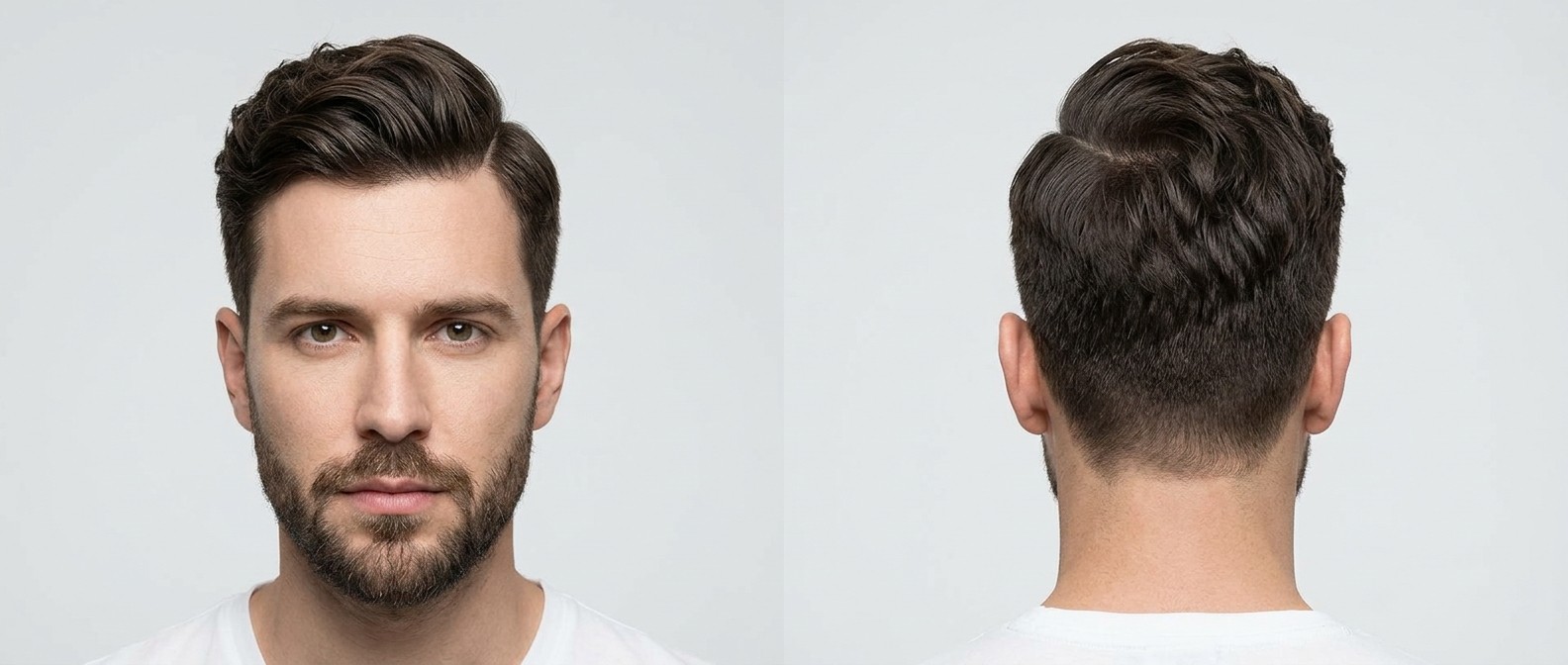 Front and back view of a Caucasian man with a neat beard sporting a wavy hard part combover hairstyle with tapered sides and a matte finish.