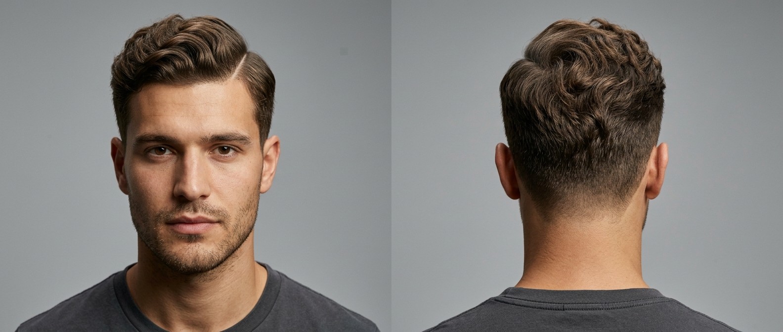 Front and back view of a young man with a wavy hard part haircut, featuring very short tapered sides and textured brown waves swept naturally to the right.