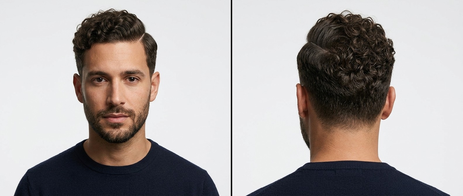 Front and back view of a Caucasian man with a short beard wearing a curly hard part hairstyle with tapered sides and defined natural ringlets.