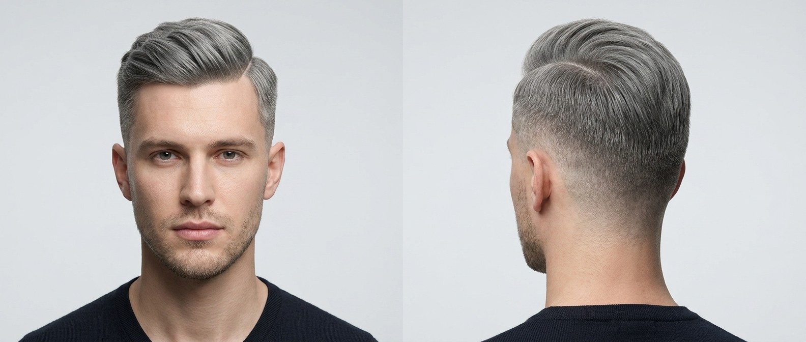 Young man with gray hair modeling a modern hard part hairstyle, featuring a sweeping voluminous top, sharp parted line, and a clean mid skin fade.