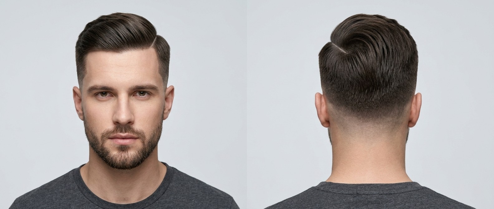 Front and back view of a young man modeling a hard part combover hairstyle, featuring a mid drop fade, swept-back top, and a neat short beard.