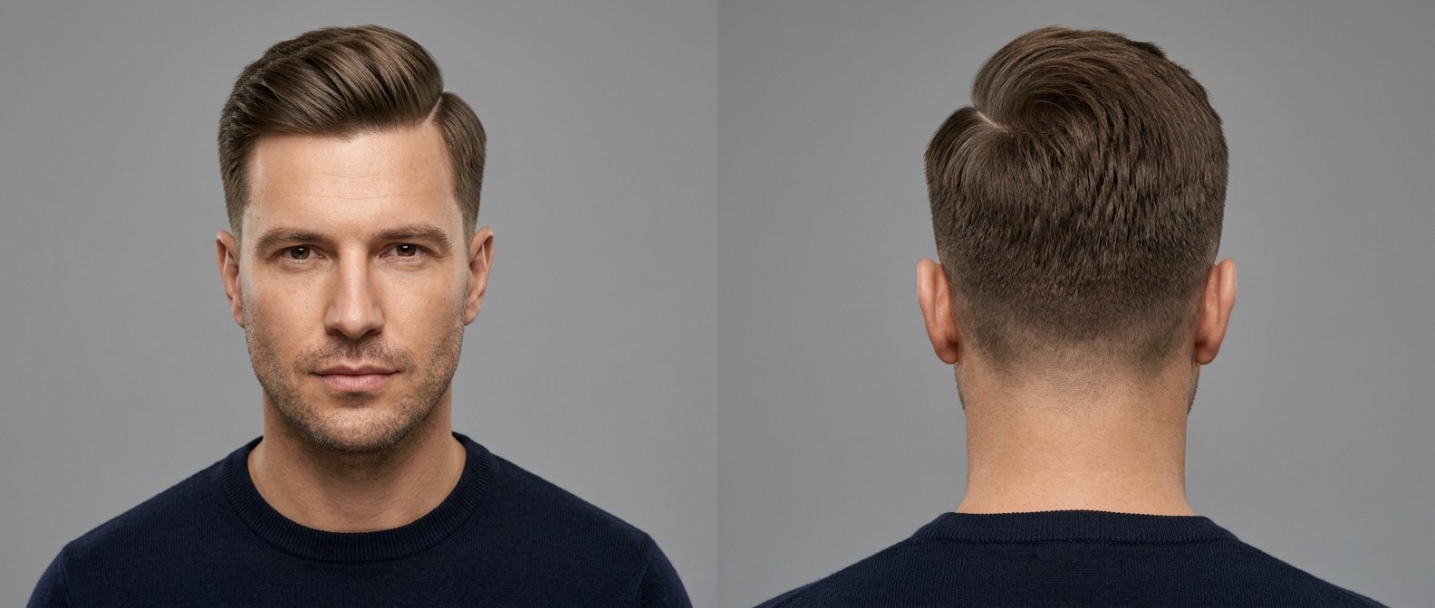 Front and back view of a Caucasian man in his late 30s with a sharp hard part comb-over, mid taper fade, and swept-back voluminous brown hair.