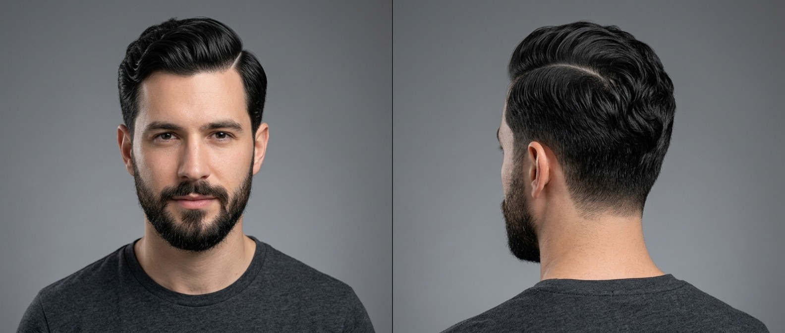 Front and side view of a young professional man with black wavy hair styled in a hard part taper fade, complemented by a neatly trimmed short beard.