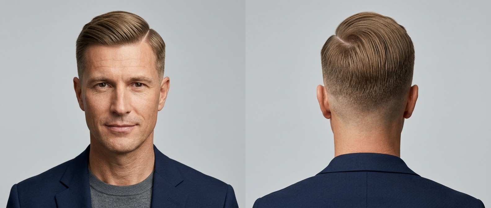 Professional older man with a classic hard part haircut featuring a mid skin fade, swept-back top, and natural low-shine finish on straight brown hair.