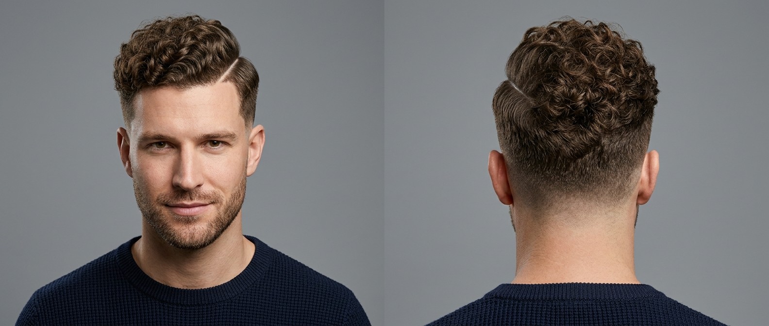 Front and back view of a man with brown Type 3 curly hair styled in a sharp hard part with short tapered sides and a stubble beard.