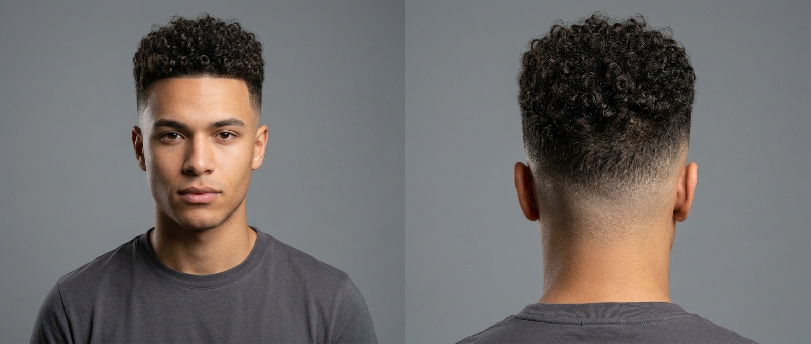 Young man with medium skin modeling a high skin fade haircut with dark brown, tightly coiled Type 4 curls on top and a sharp front lineup.