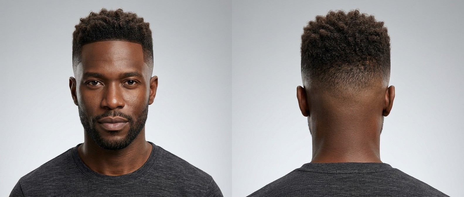 Black man aged 35-45 with a high skin fade, sharp hairline line-up, and textured sponge twists on top, paired with a short, neatly trimmed beard.