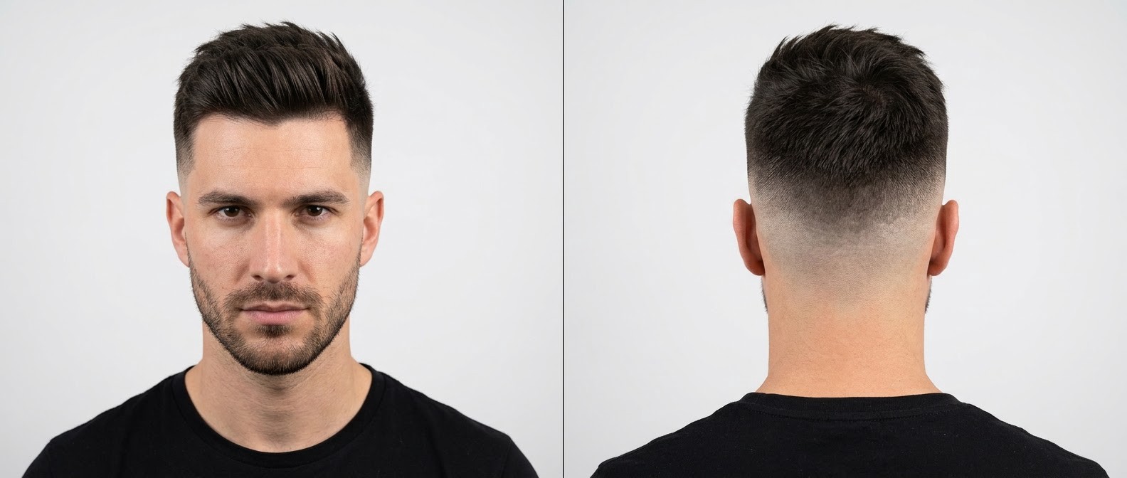 Front and back view of a handsome Caucasian man modeling a fresh high skin fade haircut with a textured, medium-length dark brown top styled upwards.
