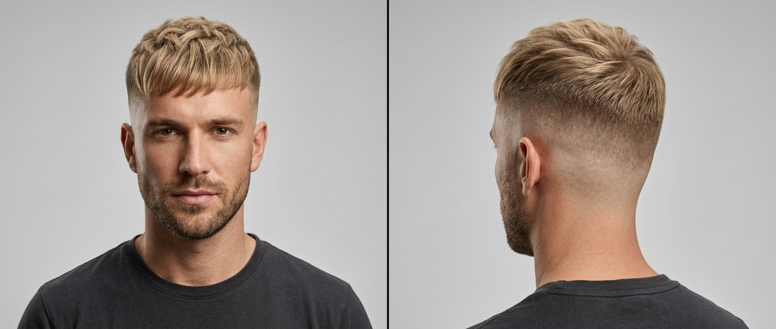 Front and back view of a blonde man with a high skin fade, heavily textured forward French crop, blunt fringe, and a short stubble beard.