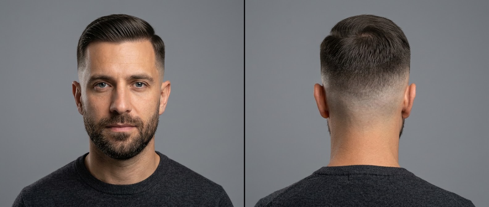 Front and back view of a 40-year-old Caucasian man with a high skin fade, structured side part, and neatly groomed stubble on an olive complexion.