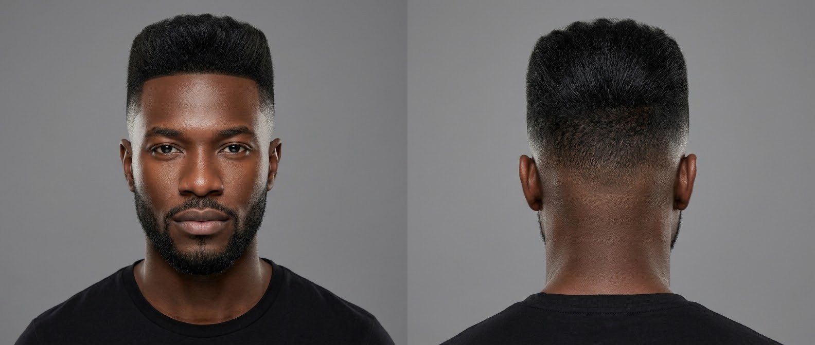 Front and back view of a Black man with a high skin fade, structured short flat top, crisp edge-up, and a neatly groomed short beard.