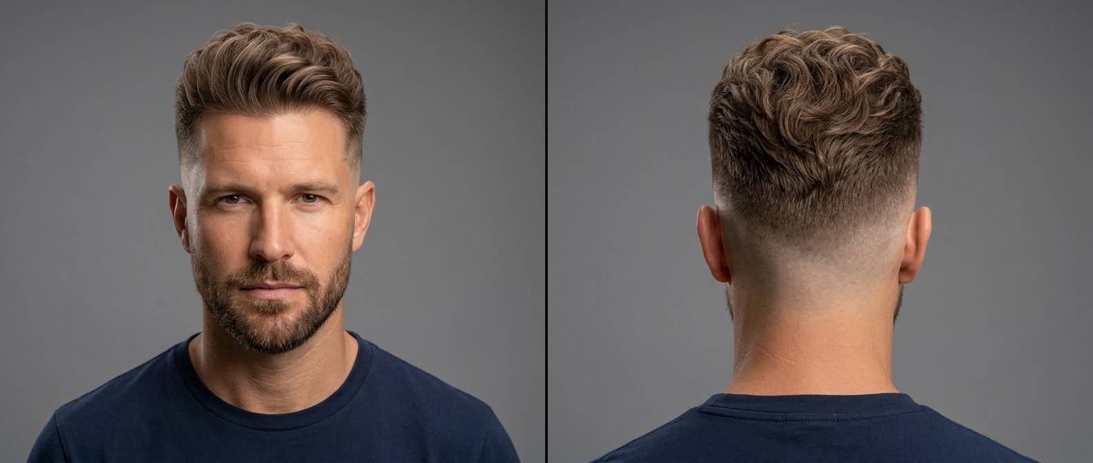 Front and back view of a Caucasian man in his late 30s with a high skin fade, thick wavy brushed-up top, and a neatly groomed short beard.