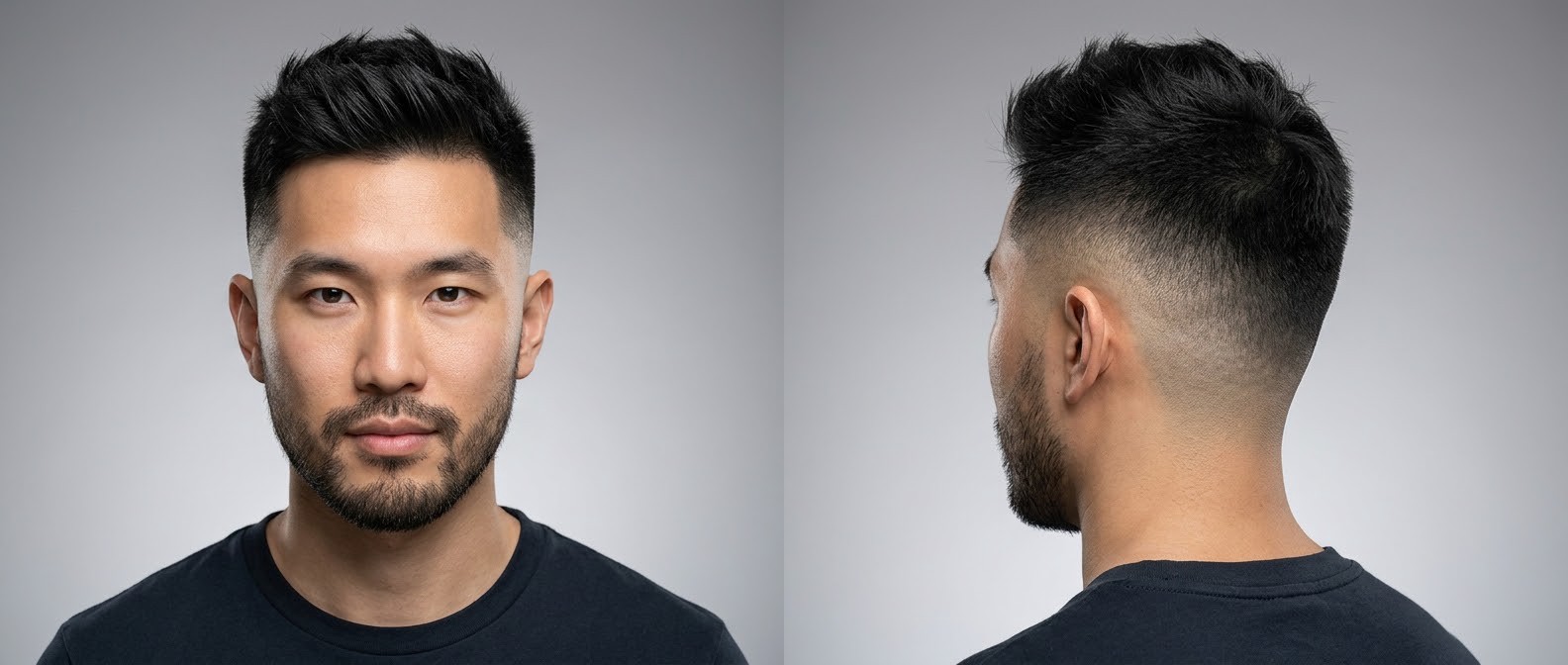 Asiatischer Mann mit High Skin Fade, texturiertem Spiky-Deckhaar und kurzem Bart vor grauem Hintergrund.