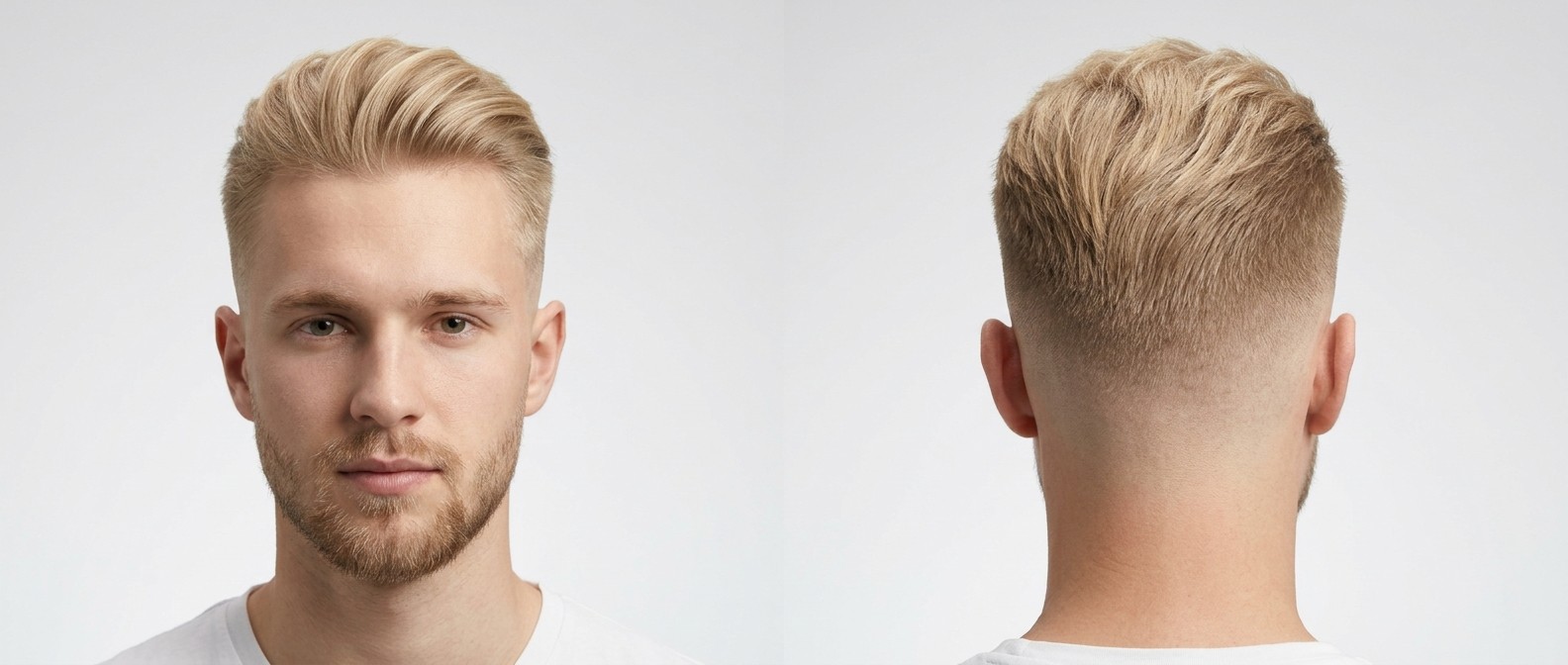 Front and back view of a young blonde man with a high skin fade, swept-back textured top, and a short groomed beard.