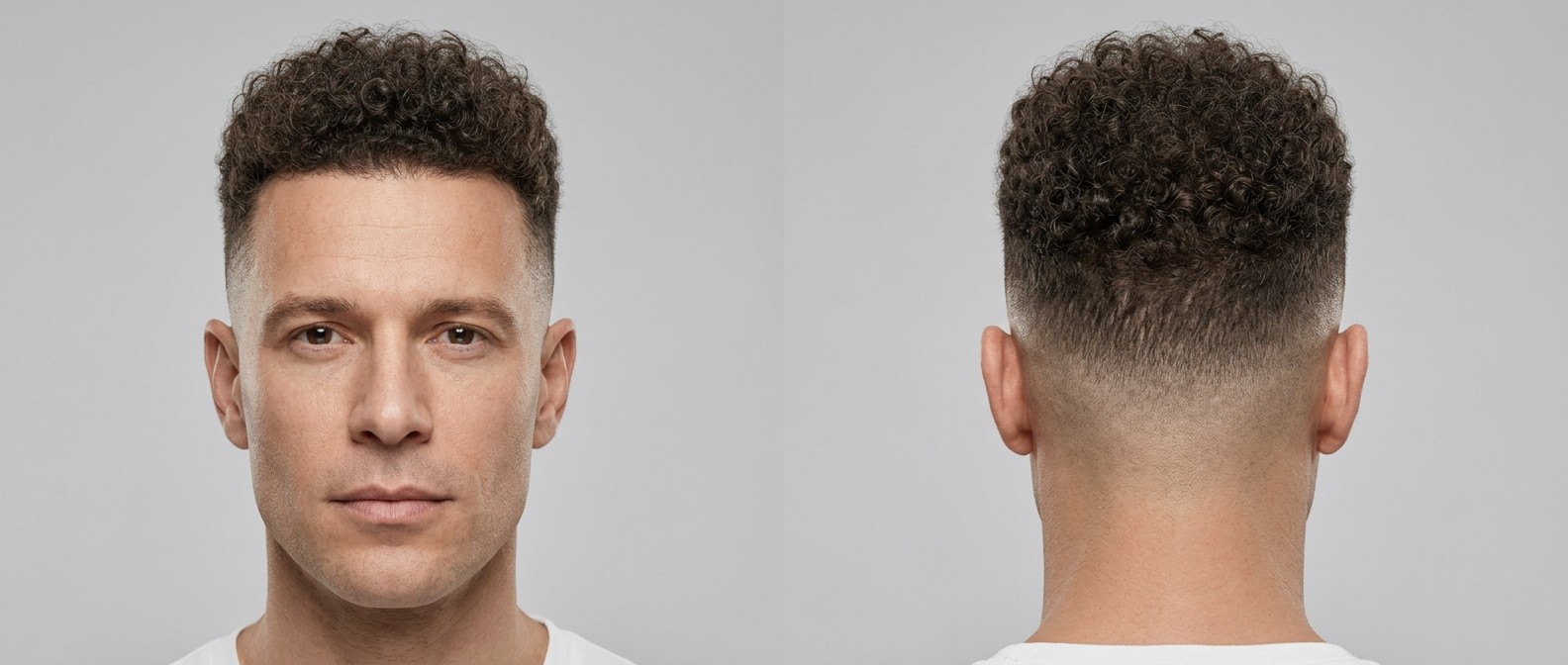 Front and back view of a mature man with a high skin fade and short, tightly coiled dark brown hair, showcasing a natural widow's peak hairline.