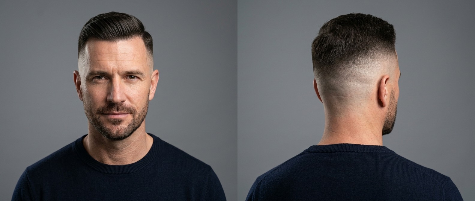 Mature Caucasian man with a high skin fade, short side-swept straight hair, and a neat stubble beard, shown from front and back angles.