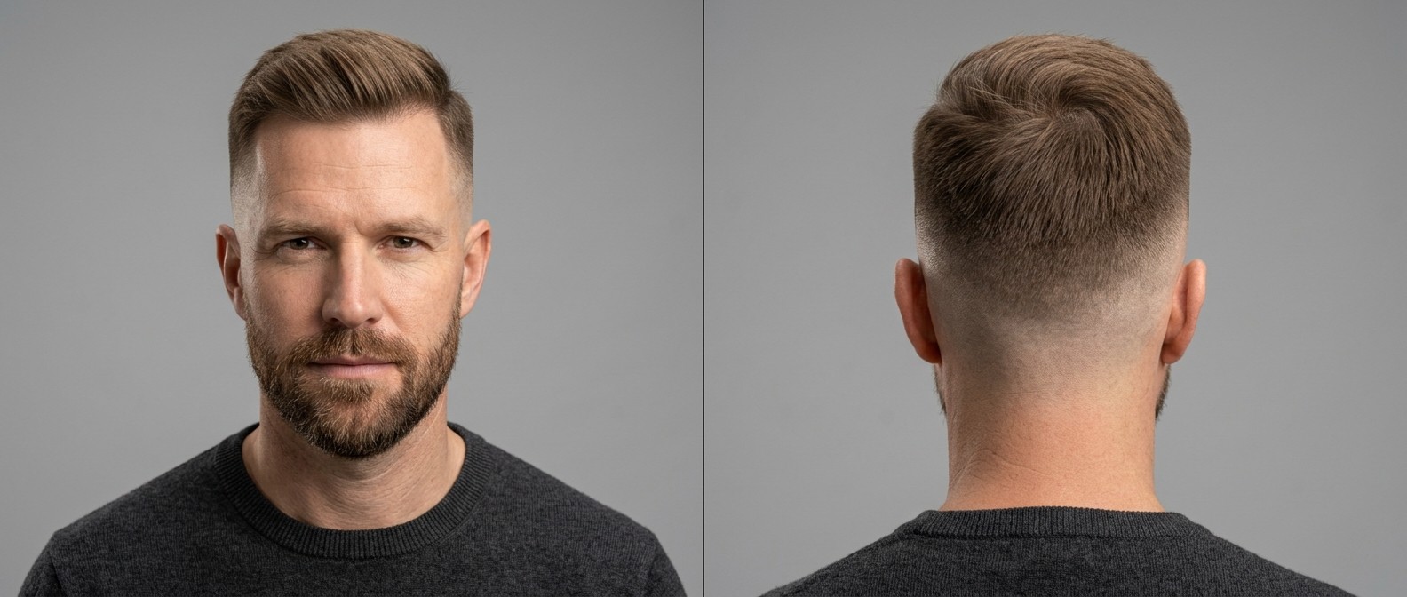 Front and back view of a 45+ Caucasian man with a high skin fade, short textured top swept upwards, and a neat short beard on a gray background.