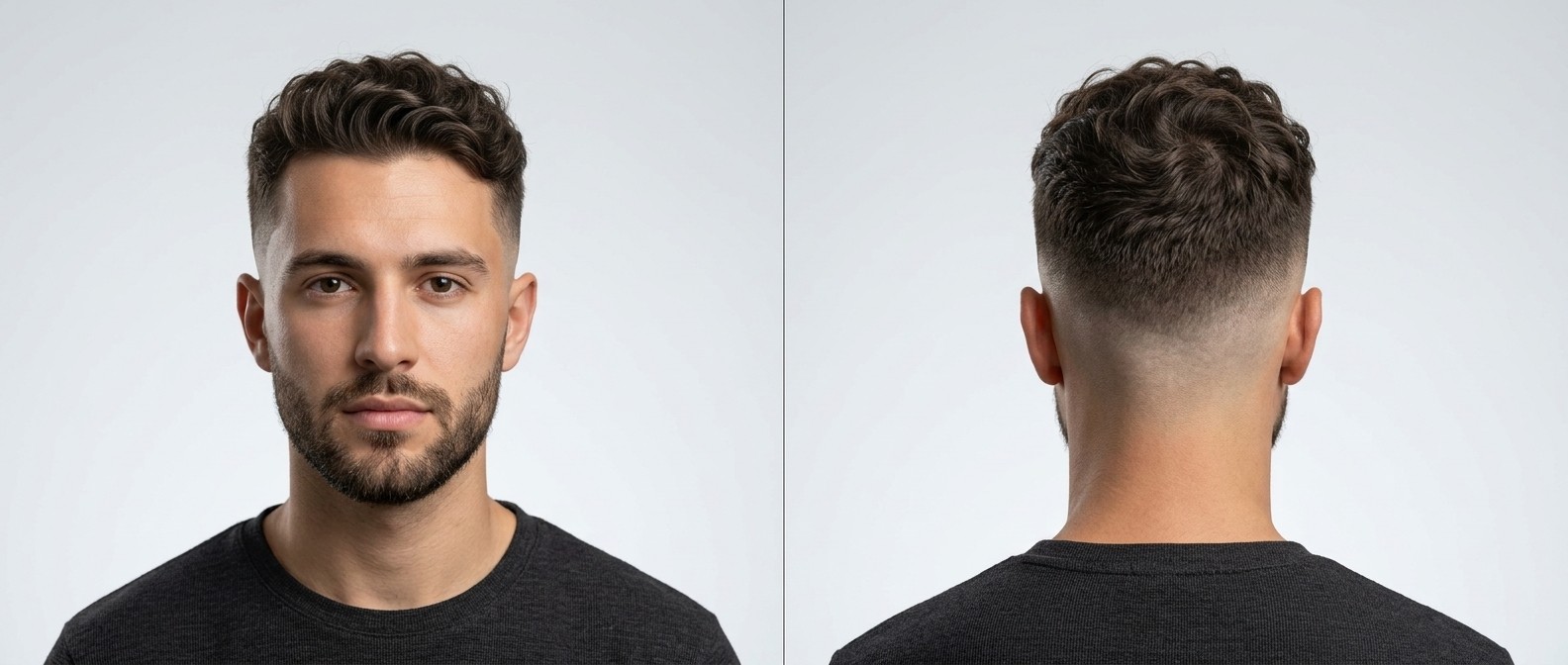Front and back view of a young man with a high skin fade, textured wavy dark brown top, and a neatly blended short beard.