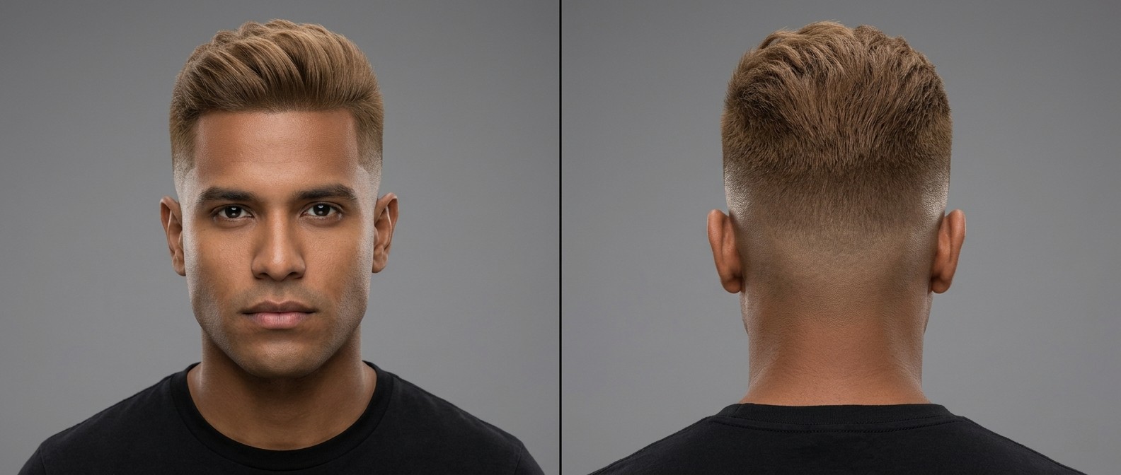 Front and back view of a Latino man with a high skin fade, light brown hair, and a textured brush-up style complementing his square face shape.