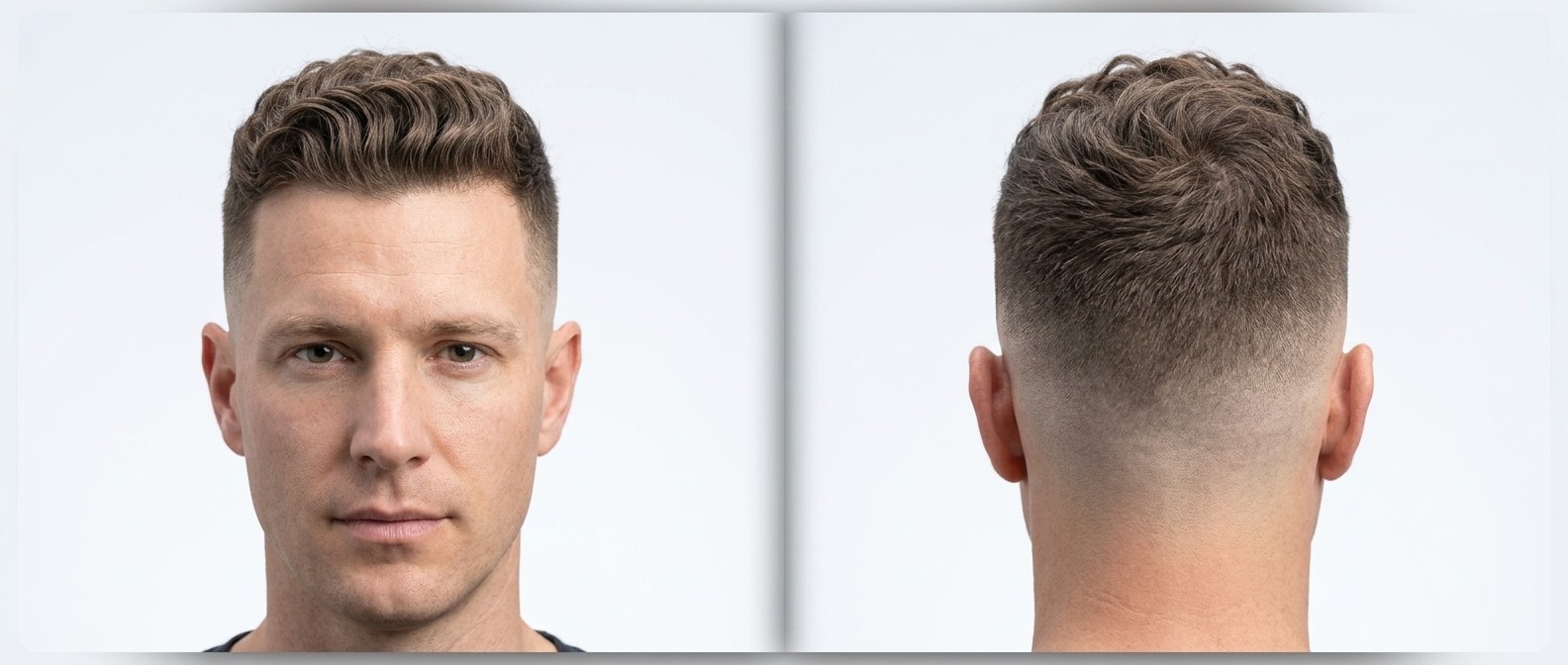Front and back view of a 40-year-old man with a sharp high skin fade and a short, textured wavy crop styled neatly with a matte finish.